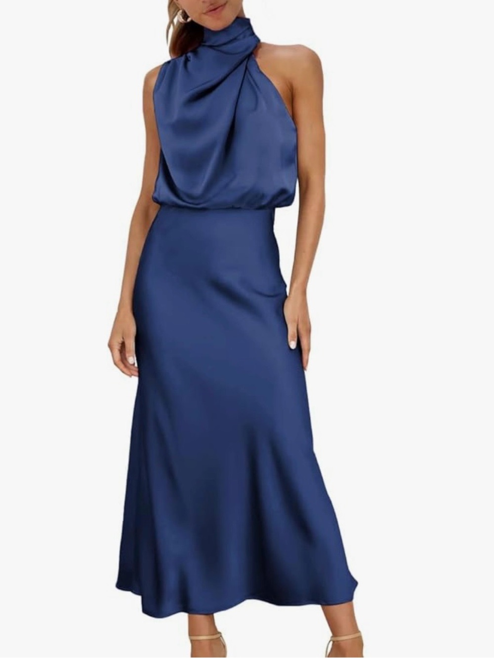 Satin High-Neck Navy Maxi Dress